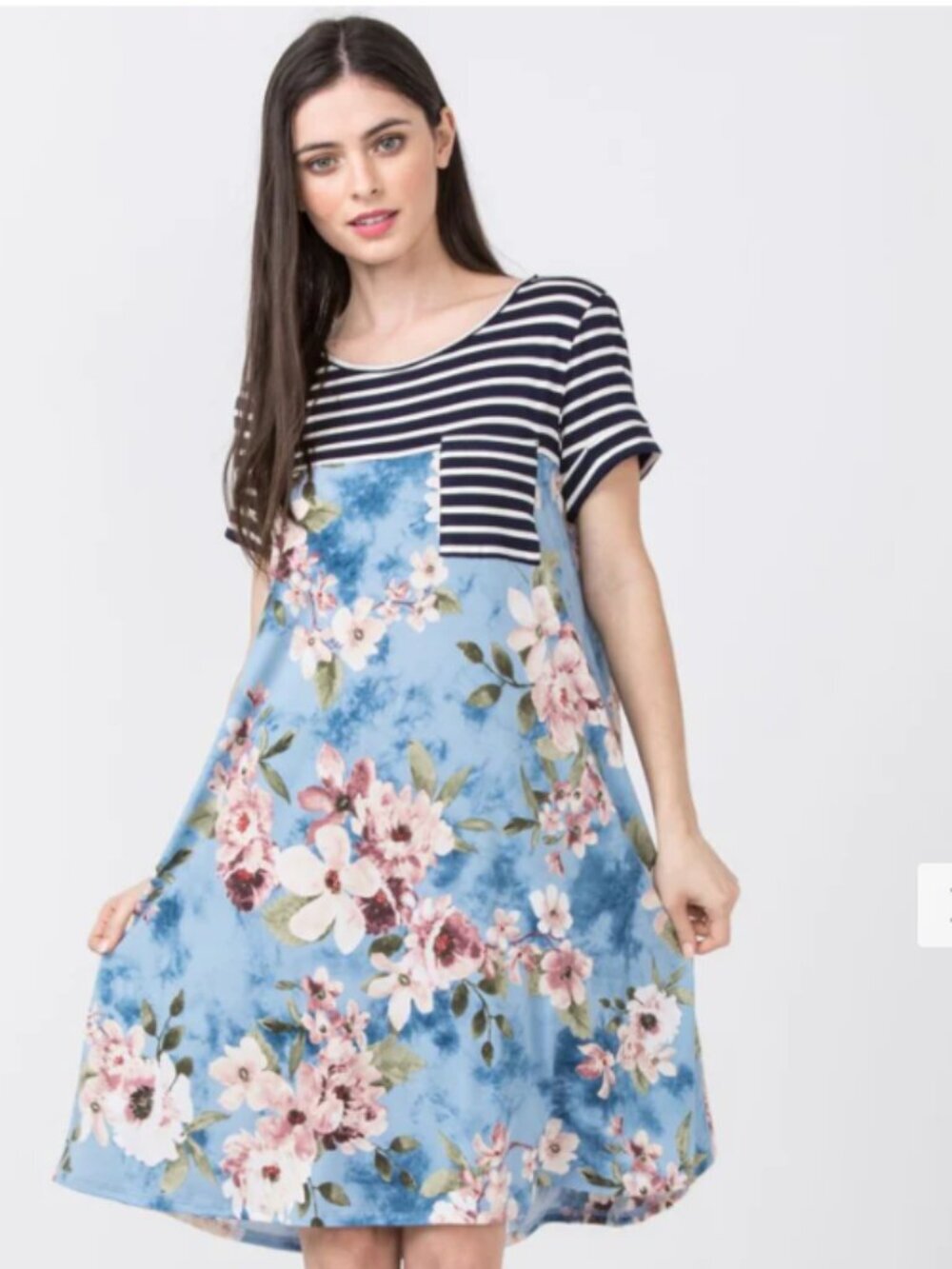 Egs California Floral Stripe Dress A Line Short Sleeve Blue Navy Small